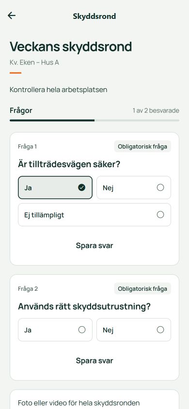 En pågående skyddsrond i Samvys mobilapp med kontrollfrågor och sparade svar.